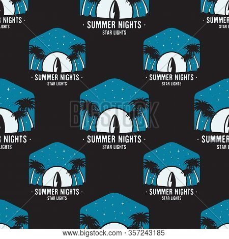 Surfing Adventure Seamless Pattern With Surfboard And Waves Scene Labels Badges. Summer Nights Star 