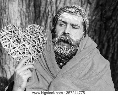 Frozen Man With Squinty Eyes , Bearded Hipster, With Beard And Moustache Covered With White Frost Wr