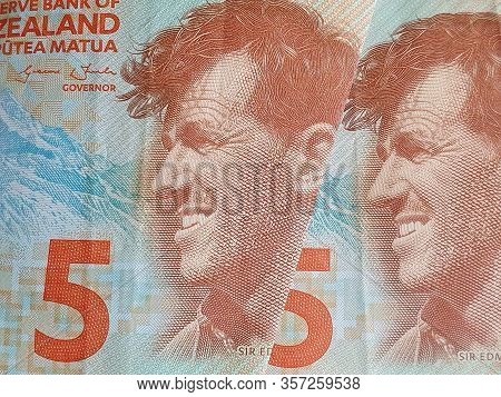 Approach To New Zealand Banknotes Of Five Dollars, Background And Texture