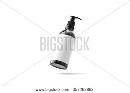 Blank Black Glass Pump Bottle With White Label Mockup, 3d Rendering. Empty Container With Dispenser 