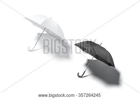 Blank Black And White Open Umbrella Mockup Lying, Top View, 3d Rendering. Empty Umbrela Canopy For W