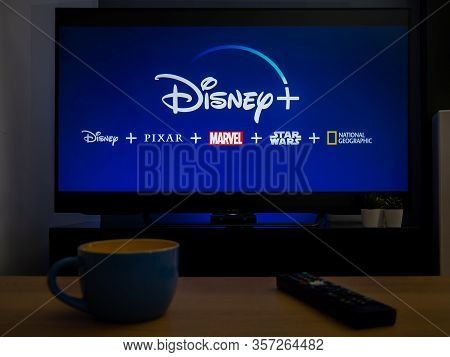 Uk, March 2020: Tv Television Disney Plus Streaming Service In Home