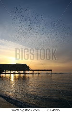 Aberystwyth Pier And A Murmuration Of Starlings At Sunset