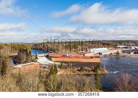 Aerial View Of Hydroelectric Power Generation Plant And Ankkapurha Industrial Museum At Kymijoki Riv