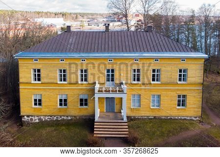 Kouvola, Finland - 19 March 2020: Aerial View Of Beautiful Yellow Old Building Of Abandoned Anjala M