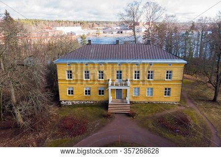 Kouvola, Finland - 19 March 2020: Aerial View Of Beautiful Yellow Old Building Of Abandoned Anjala M