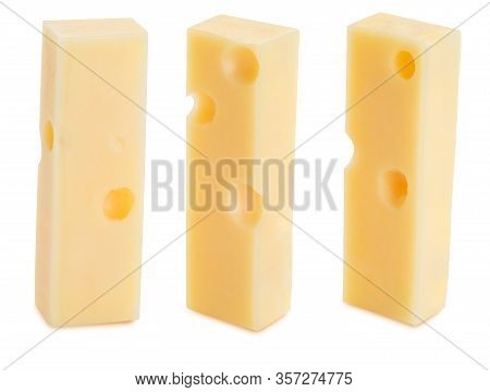 Portions (strips) Of Emmental Swiss Cheese. Texture Of Holes And Alveoli. Isolated On White Backgrou