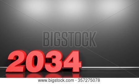 2034 Red Write At Black Glossy Wall Background - 3d Rendering Illustration