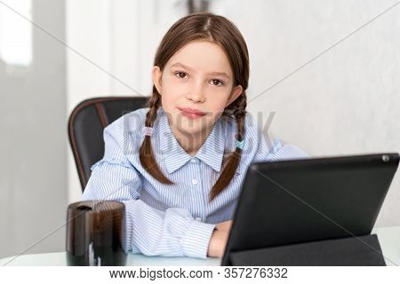 Young Girl Learn By Tablet At Home. Distance Learning In Quarantine. Isolation