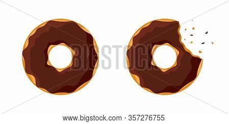 Cartoon Colorful Tasty Donut Whole And Bitten Set Isolated On White Background. Chocolate Glazed Dou