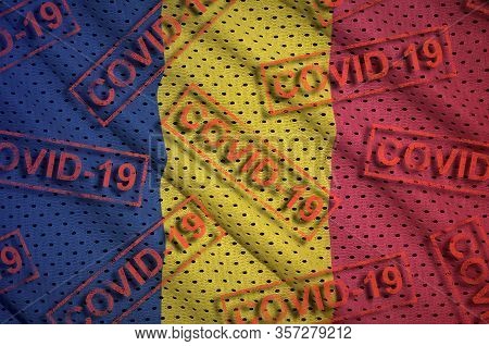 Chad Flag And Many Red Covid-19 Stamps. Coronavirus Or 2019-ncov Virus Concept