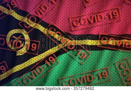 Vanuatu Flag And Many Red Covid-19 Stamps. Coronavirus Or 2019-ncov Virus Concept