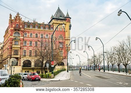 Prague, Czech Republic - March 19, 2020. Smetanovo Nabrezi - Smetana Riverbank During Coronavirus Cr