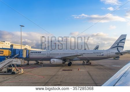 Athens, Greece - October 26 2017: Aegean Airlines Aircraft Grounded At Airport Tarmac. Greek Flag Ca