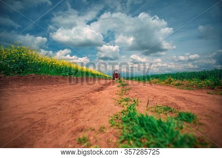 Red Tractor In A Field
