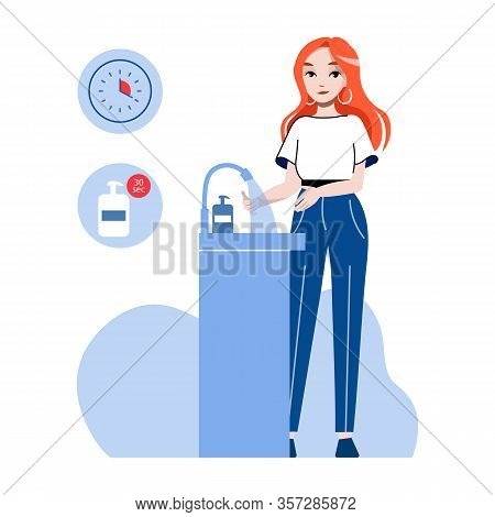 Concept Of Precautionary Measures For Avoidance Viruses Infection. Young Woman Is Washing Hands Unde