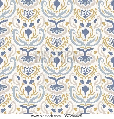 French Blu Shabby Chic Damask Vector Texture Background. Antique White Yellow Blue Seamless Pattern.