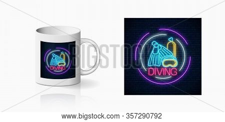 Neon Summer Print Of Diving Beach Club With Flipers, Mask And Balloon Symbols For Cup Design. Summer