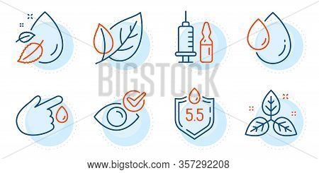 Medical Vaccination, Water Drop And Blood Donation Signs. Oil Drop, Ph Neutral And Check Eye Line Ic