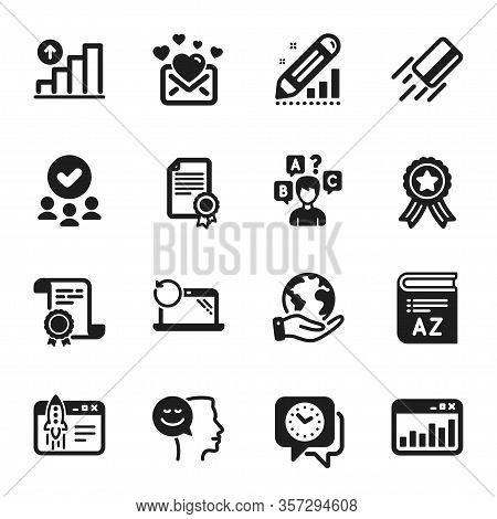 Set Of Education Icons, Such As Vocabulary, Good Mood. Certificate, Approved Group, Save Planet. Clo