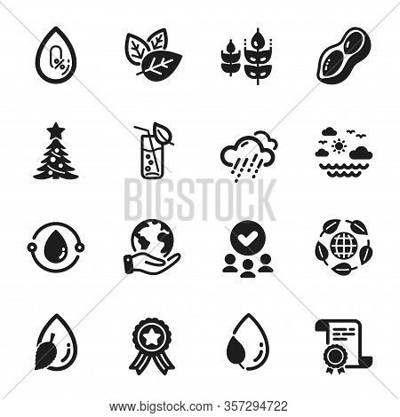 Set Of Nature Icons, Such As Cold-pressed Oil, Water Glass. Certificate, Approved Group, Save Planet
