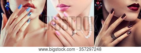 Nail Art Design. Three Looks Of Woman With Perfect Make-up And Blue Pink Red Manicure. Fashionable J