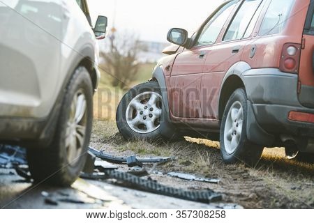 car crash accident on street. damaged automobiles