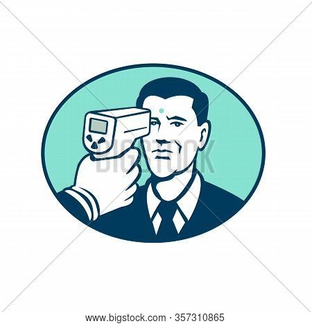 Retro Style Illustration Of A Coronavirus Non Contact Forehead Infrared Body Temperature Scanner Poi