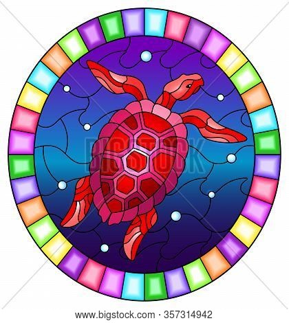 Illustration In Stained Glass Style With Abstract Sea Turtle On A Background Of Sea Waves And Air Bu