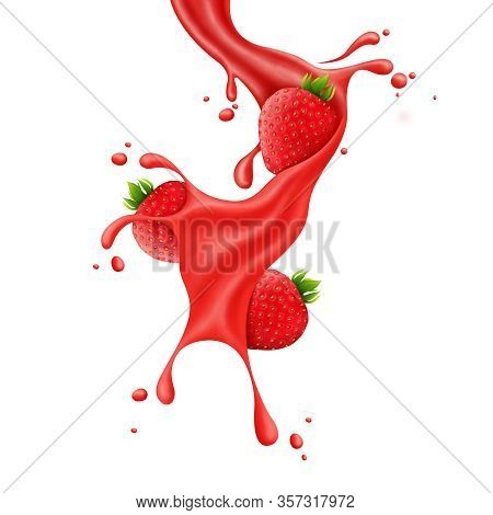 Strawberry Slice Juice Splash Realistic Illustration Berry Fruit Liquid, Summer Tropical Vacation Dr