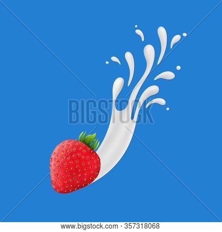 Strawberry With Milk Splash Realistic Illustration Berry Fruit Liquid, Summer Tropical Vacation Drin