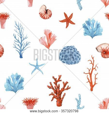 Beautiful Vector Seamless Pattern With Underwater Watercolor Sea Life. Stock Illustration.