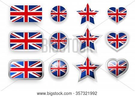 Set Of United Kingdom (uk) Vector Labels Square Button, Circle Button, Star And Heart Buttons In Fla