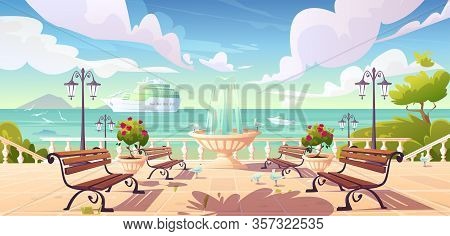 Summer Seafront With Cruise Ship And Powerboat In Ocean, Cartoon Quay With Fountain, Benches And Vin