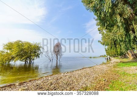 Ein Gev, Israel - March 16, 2020: Winter View Of High Water Level In The Sea Of Galilee, With Visito