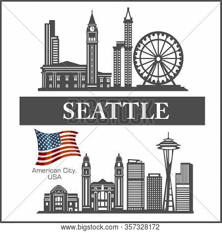 Seattle City Skyline Detailed Silhouette On Usa Flag. Vector Illustration.