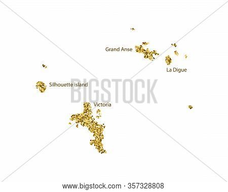 Vector Isolated Illustration With Simplified Seychelles Map. Decorated By Shiny Gold Glitter Texture