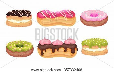 Glazed Doughnuts And Eclair Made From Choux Pastry Vector Set