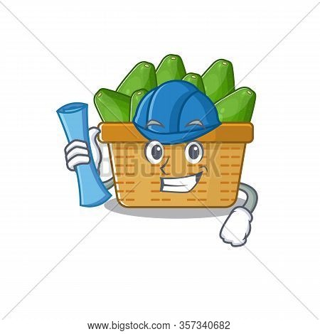 Smiling Architect Of Avocado Fruit Basket Having Blue Prints And Blue Helmet