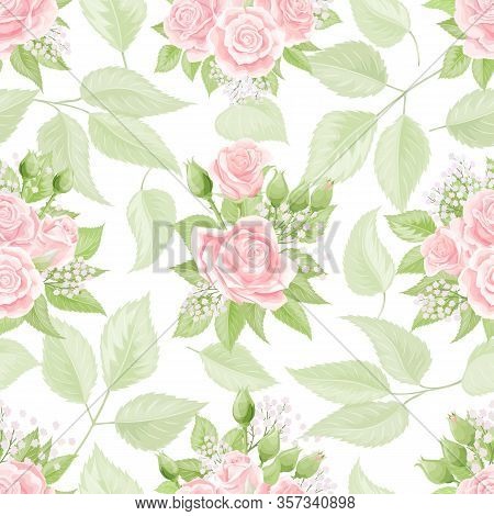 Seamless Pattern With Cream Pink Roses. Vintage Floral Background