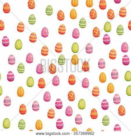 Vector Seamless Pattern With Easter Eggs. Happy Easter Ornaments And Decorative Elements. For Greeti