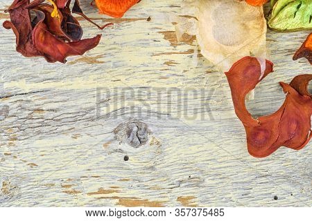 Potpourri. Close-up Of Dried Flowers, Used For Aromatherapy, White Background. Top View. Copy Space 