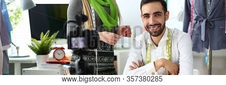 Clothes Design Process Needlework Video Tutorial. Designers Creative Team Recording Blog For Social 
