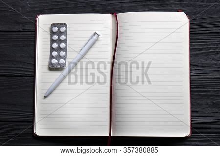 Notebook, Pen And Medicine For Notes And Doctor's Prescription. Text Space.