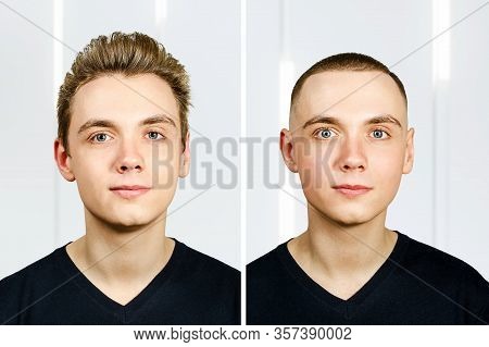 Portrait Of Young Guy Before Arter Haircut: Bald And Pompadour