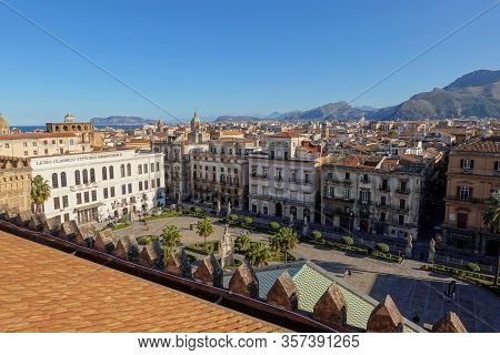 Palermo, Sicily - February 8, 2020: The Town Square Below Palermo Cathedral With Liceo Classico Vitt