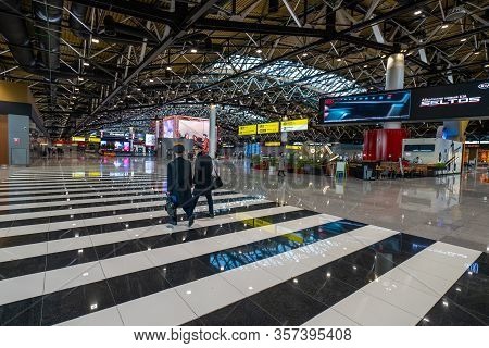 Moscow, Russia - 2020: Young Men In Uniform Walk Through The Terminal At Sheremetyevo Airport. Inter