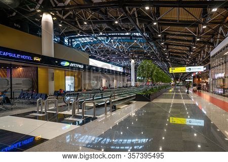 Moscow, Russia - 2020: Interior Of Sheremetyevo Airport - Travelator, Artificial Birches In A Flower