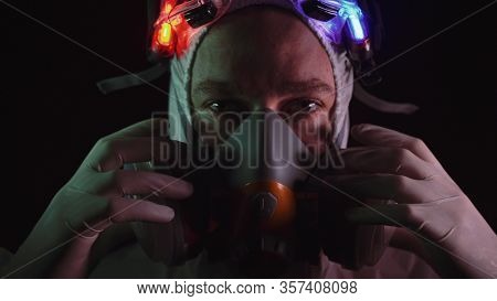 Man In Protective Costume Suit, Gas Protect Medical Spray Paint Mask. Doctor In Respirator. Concept 