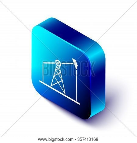 Isometric Oil Pump Or Pump Jack Icon Isolated On White Background. Oil Rig. Blue Square Button. Vect